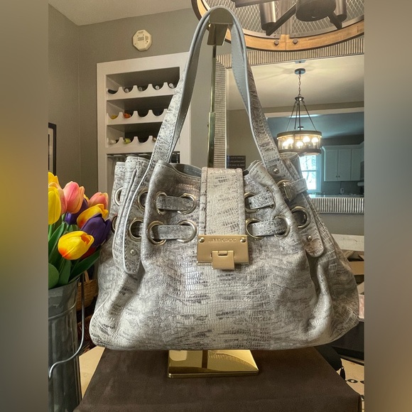 *Original COA Card* Jimmy Choo Ramona Snakeskin Textured Grey Shoulder Bag - Picture 1 of 15